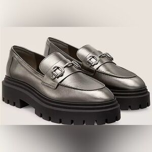 Stuart Weitzman Owen Silver Gray Metallic Platform Chunky Loafers Buckle Detail